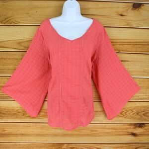 AGB Blouse Womens  3X Pink Checks 100% Polyester Bell Sleeves V-Neck Lightweight